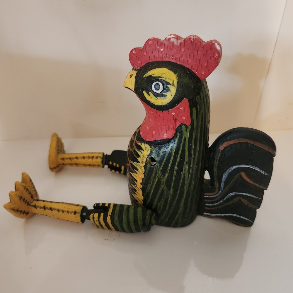 Vintage Folk Art Hand Carved‎ Wooden Rooster Shelf Sitter Articulated Legs